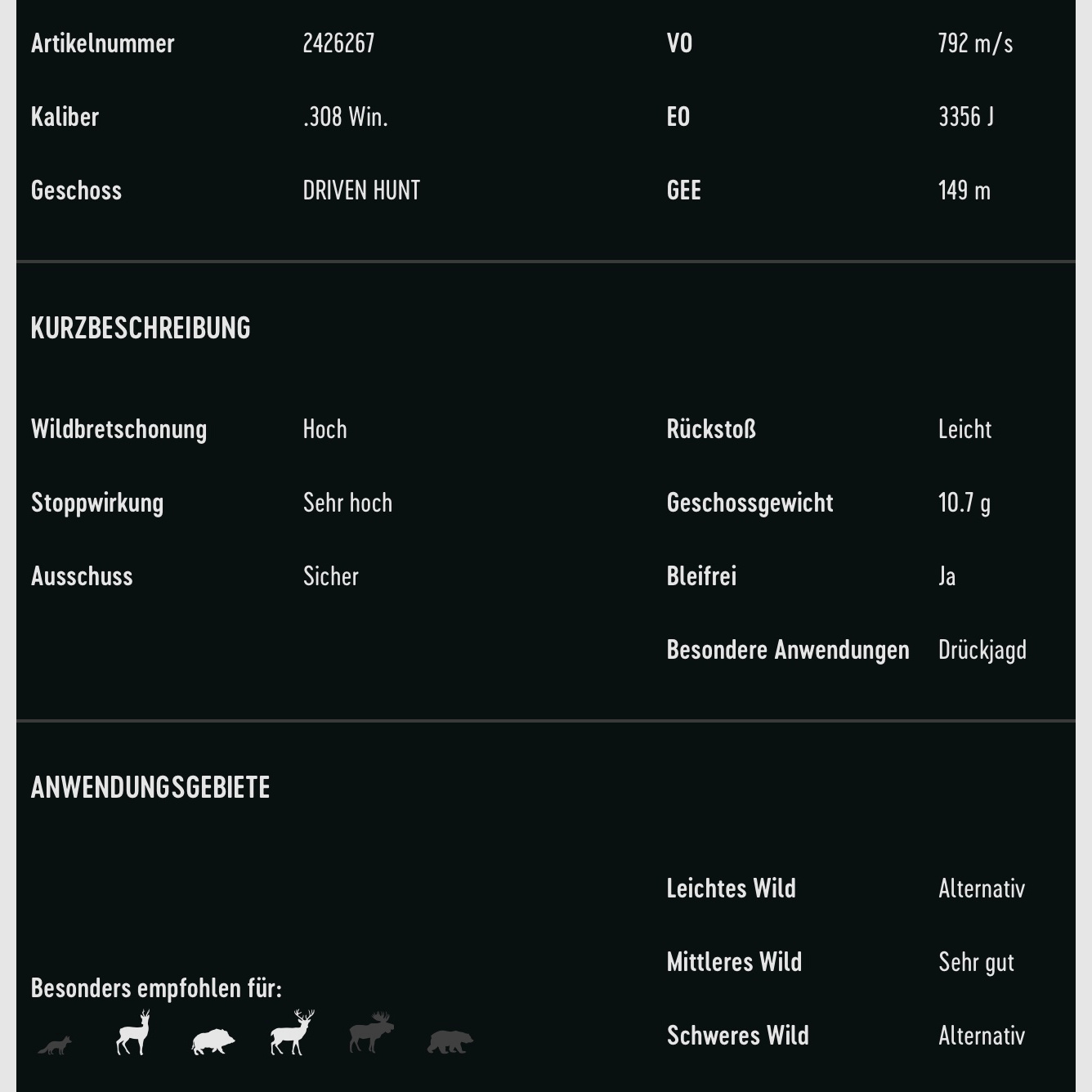 RWS 2426267 .308 Win. Driven Hunt 10,7 165grs. Bleifrei Langwaffenmunition