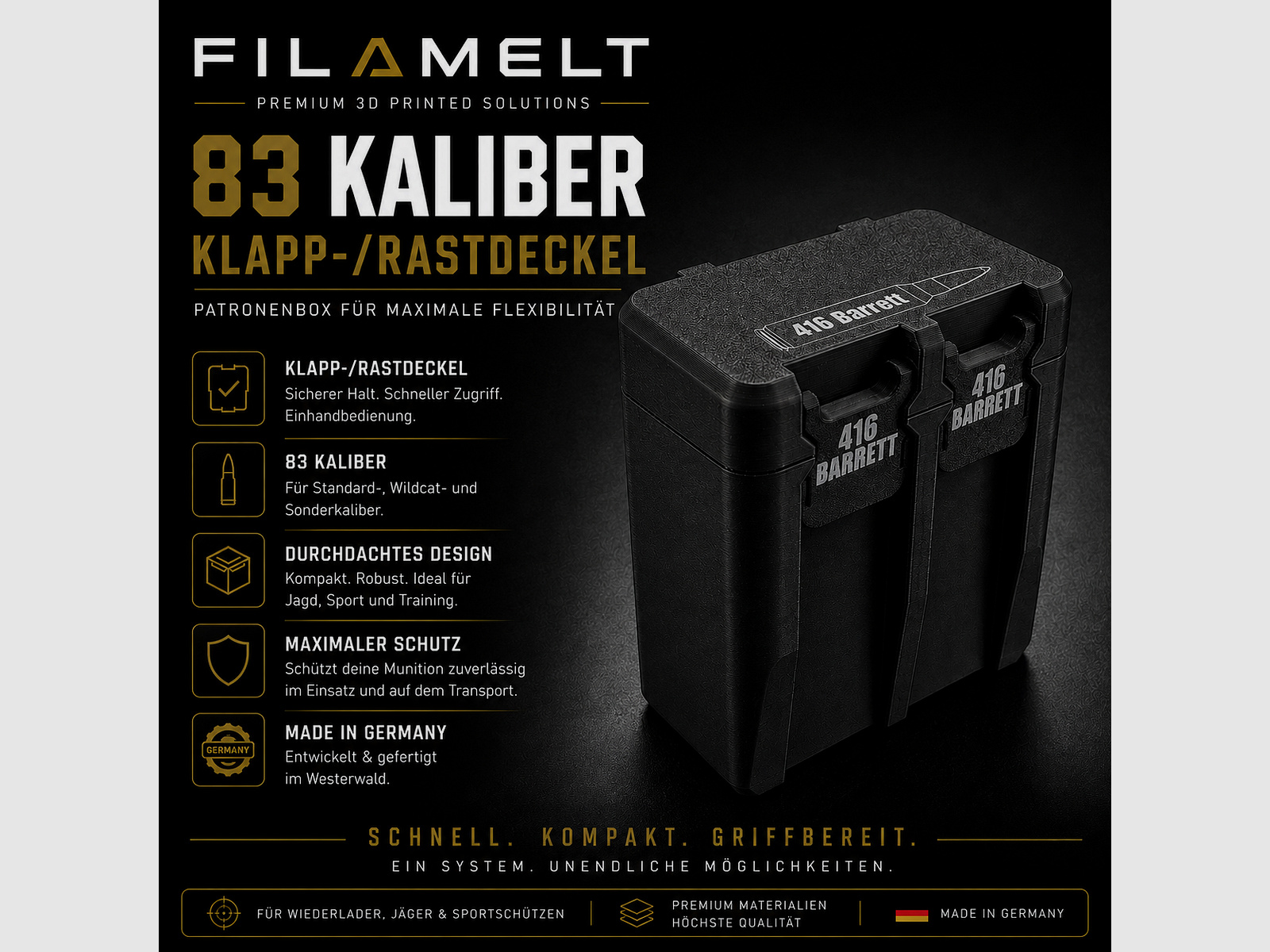 Filamelt scatola per munizioni / 44 Magnum / 'coperchio pieghevole / bloccante' / scatola per cartucce, scatola per munizioni