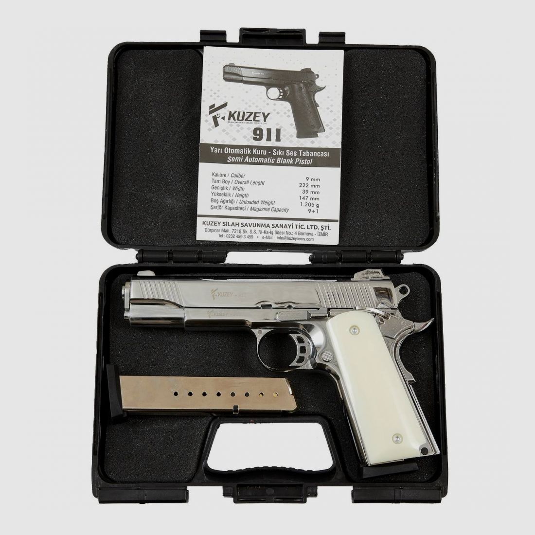 KUZEY 1911 Shiny Chrome 9 mm P.A.K. – Compact 1911 Style – EU-wide shipping