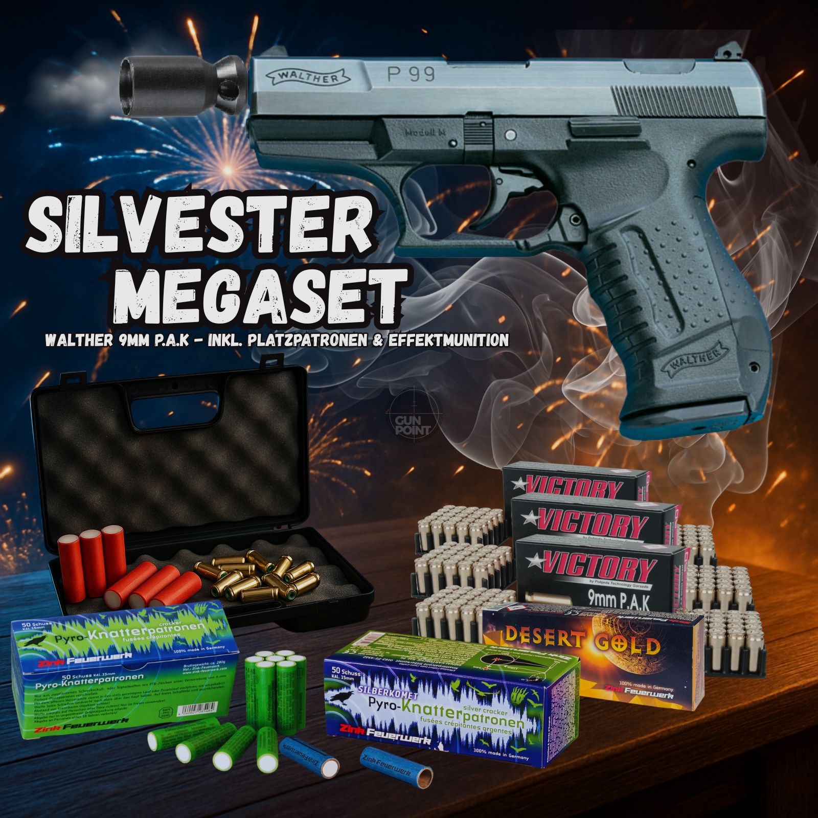 SILVESTER MEGASET !!! Blank firing pistol - Walther P99 - 9 mm P.A.K. including case, 150 blank cartridges & 120 shots of effect ammunition