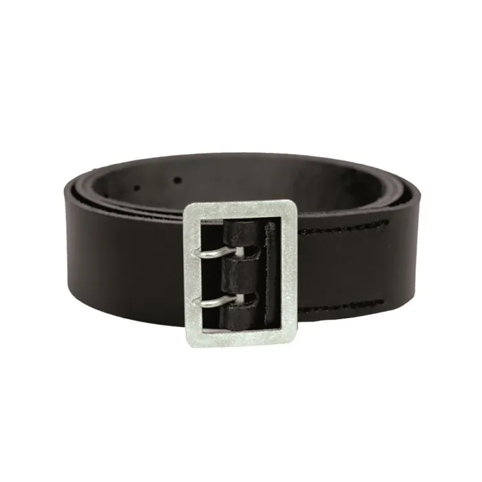 Police leather belt, 120cm, black, metal double prong buckle