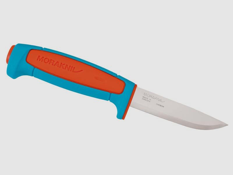 Morakniv Cuchillo de Cintura BASIC 511, acero al carbono no inoxidable, mango de plástico naranja/turquesa, funda de plástico