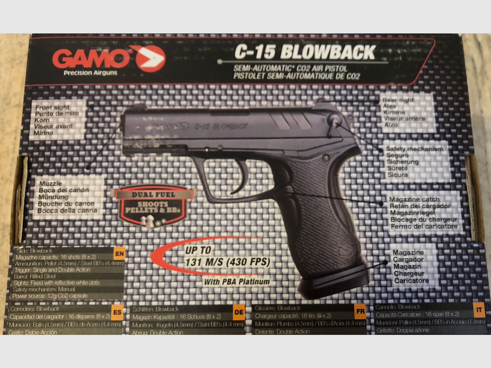 GAMO Luftpistole, CO2, 4,5 mm BB und Diabolo, C- 15 Blowback, Semi Automatic, Luftgewehr