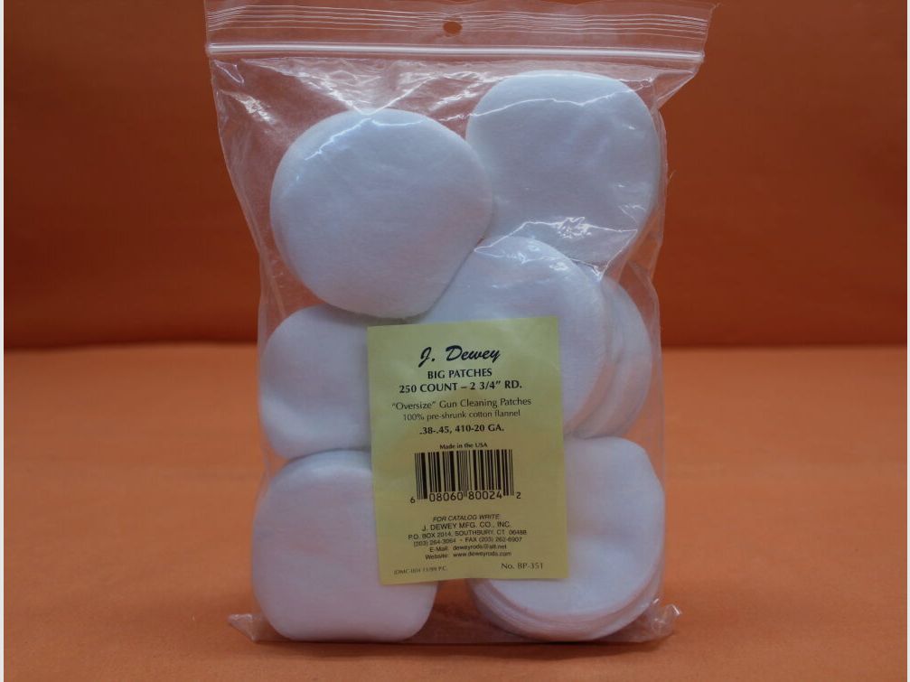 Parches de limpieza Dewey Dewey (BP-351) VE 250 pcs. algodón redondo 2,75" Adecuado para cal. .44/ .45/ .410/ escopeta 12/ 16/ 20