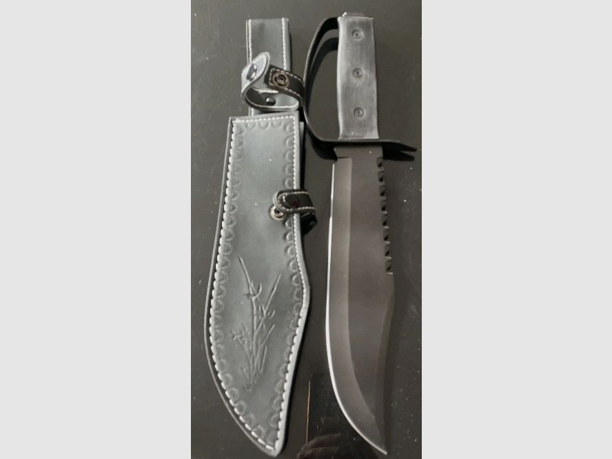 Pakkaholz XL Bowie, Rambo knife outdoor hunting knife, 37.9 cm, 590 grams like new leather sheath