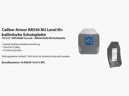 Plaque balistique Caliber Armor AR550 NIJ Niveau III+, 10"x12"