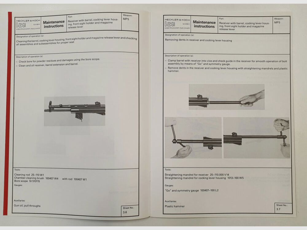 Instrukcje konserwacji i naprawy oryginalnego pistoletu maszynowego HK MP5 Heckler & Koch nr ID 927859 ENG
