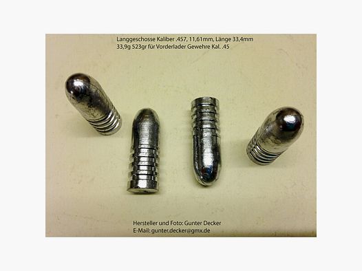 Langgeschosse Kaliber .457 11,61mm Länge 33,4mm 33,9g 523gr 4 Fettrillen für Vorderlader Gewehre .45