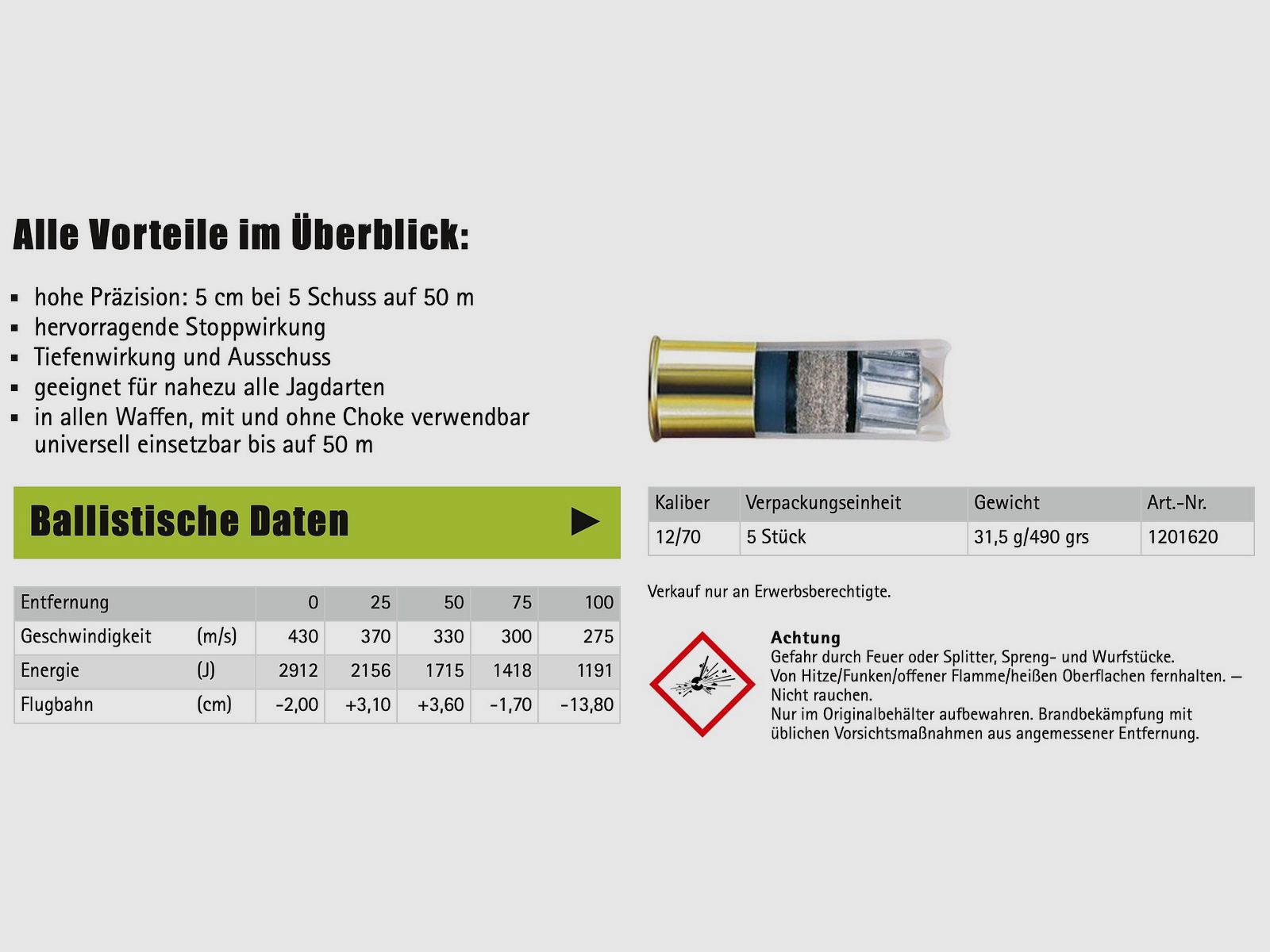 Brenneke 2004954 12/70 Classique 31,5g/490grs. Projectile à balle