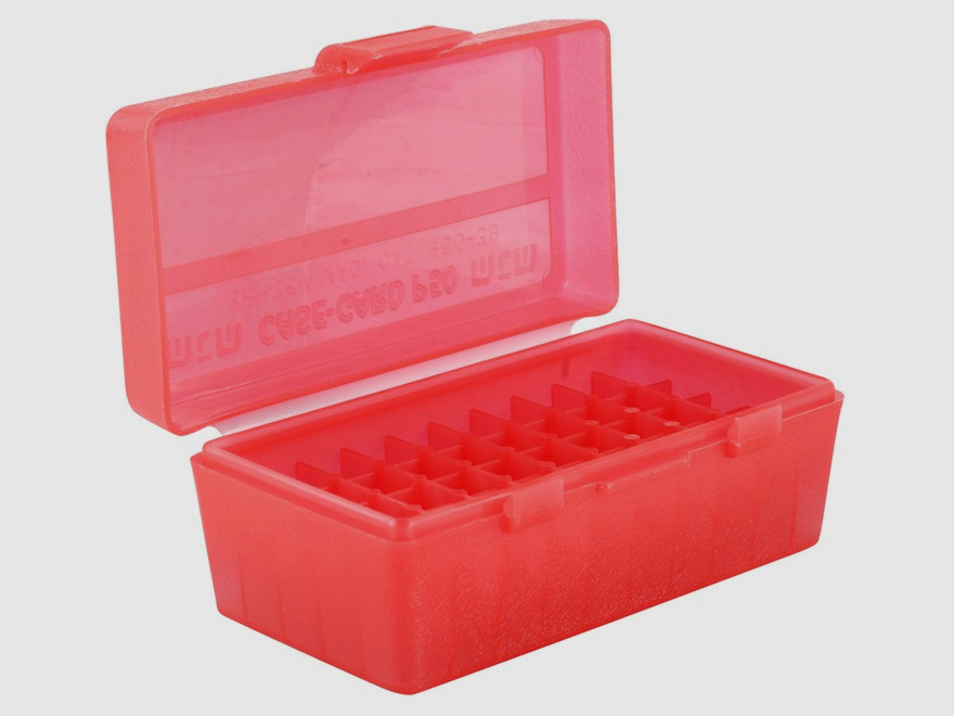 MTM scatola per cartucce P50-38-29 rossa trasparente con coperchio a ribalta per 50 cartucce .38 Spec. e altre.