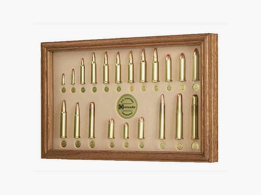 Hornady cartridge display case with 21 calibers