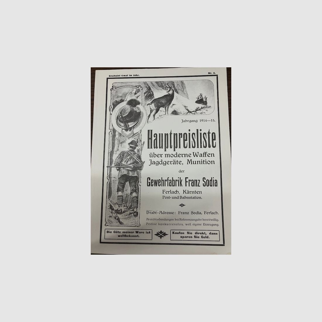 Weapon catalog from the rifle factory Franz Sodia, Ferlach, Carinthia "Main price list for modern weapons, hunting equipment, ammunition".