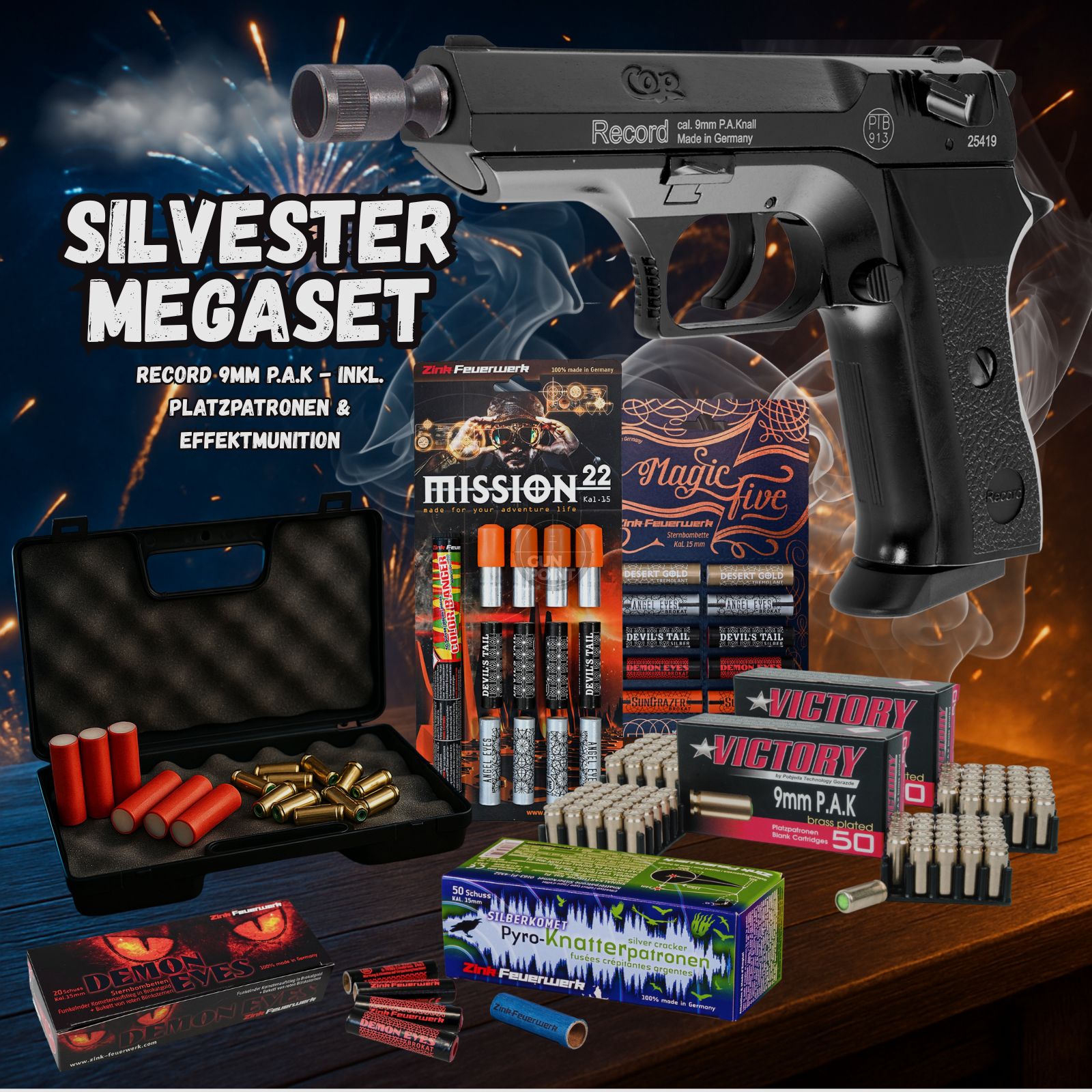 SILVESTER MEGASET !!! Pistolet à blanc - Modèle RECORD COP. - 9 mm P.A.K. incluant une mallette, 100 cartouches à blanc et 102 munitions à effet