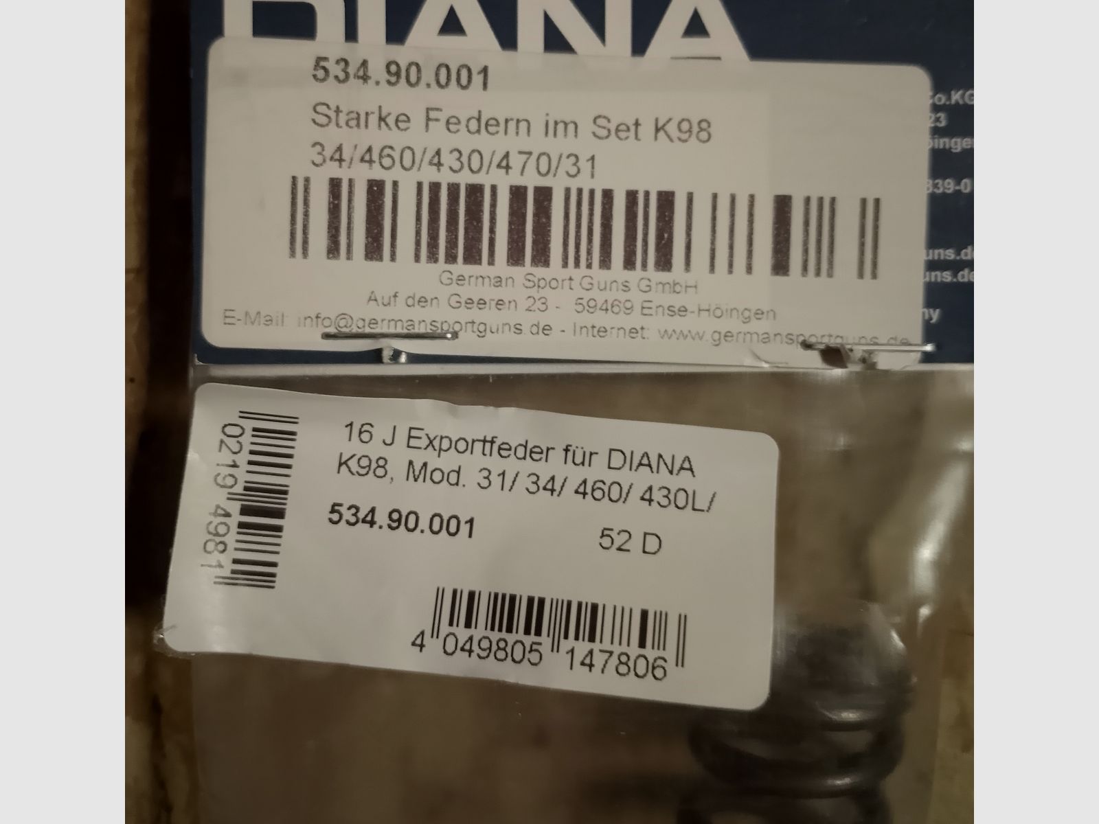 16 J Exportfeder für DIANA K98 Mod. 31/ 34/ 460/ 430L/ 470th neu Feder Unterhebelspanner Kipplauf Luftgewehr 