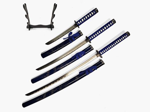 Samurai sword 3-piece set with stand blue