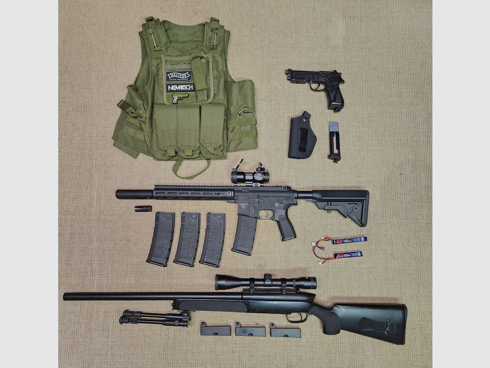 Airsoft SSR4, SSG69, Beretta M92 mit Zubehör und Plattenträger Set