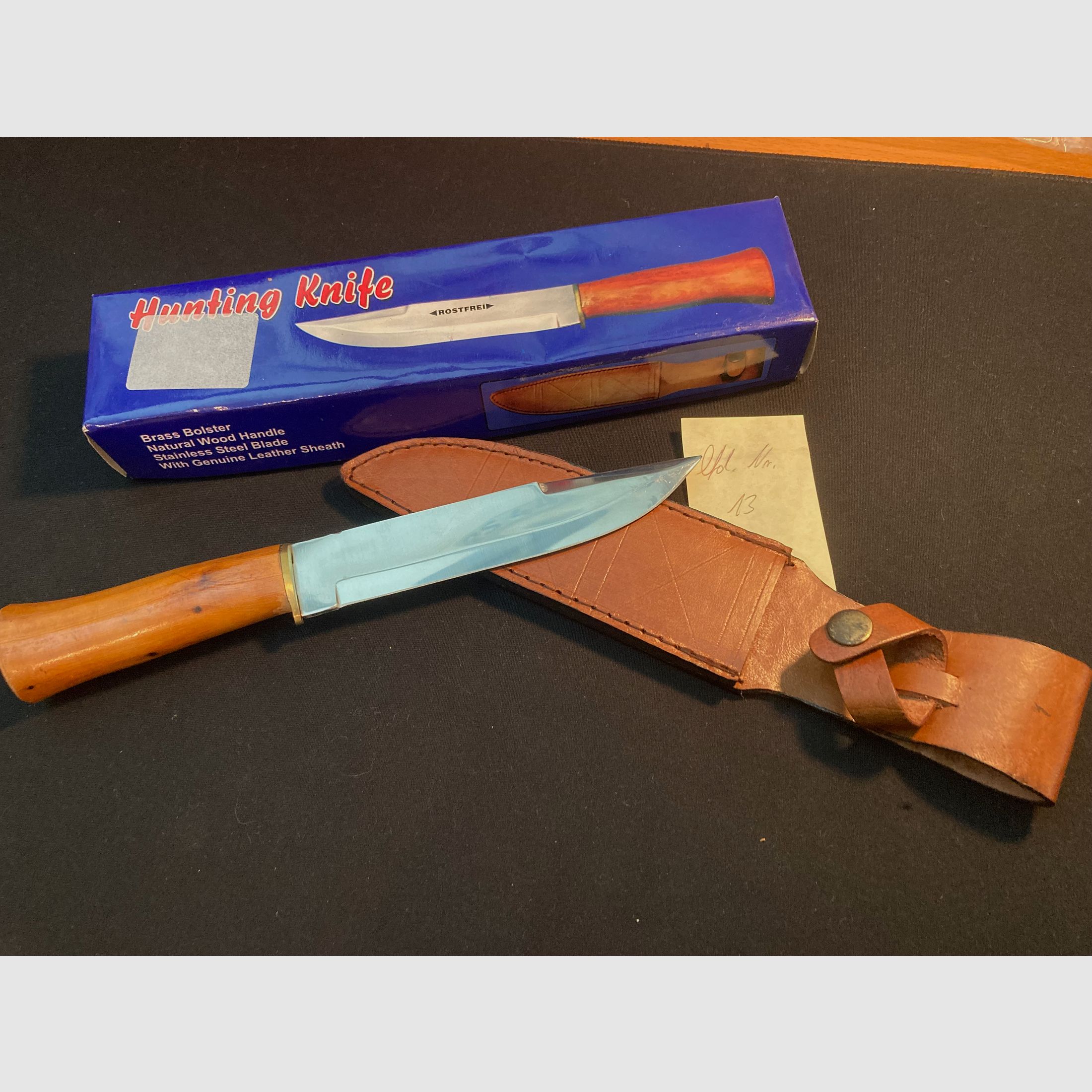 Jagdmesser, Grütemesser mit Lederscheide, ca. 15cm Klingenlänge, 26,5cm Gesamt, Holzgriff, Neu + OVP