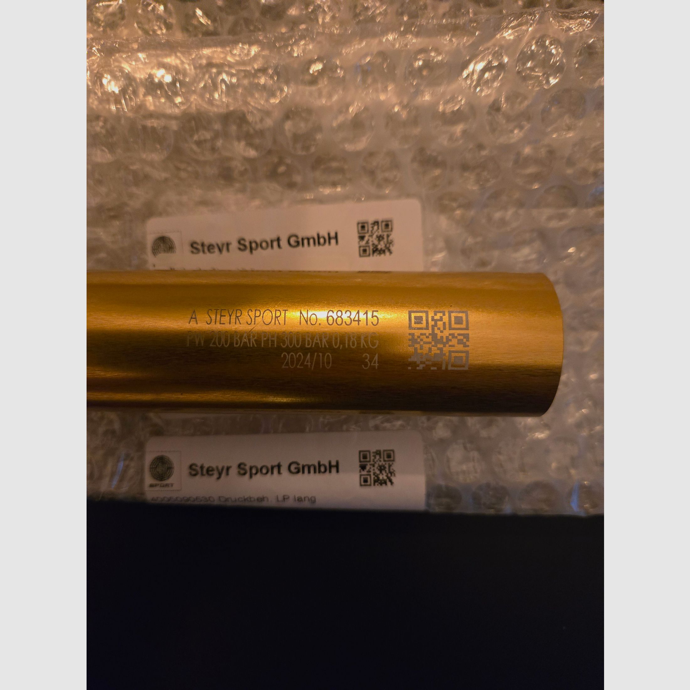 Pressluftkartusche Steyr Luftpistole (lang), TÜV 10/2034, Farbe gold, neu