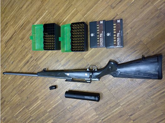 7mm Rem. Mag. Sako85 Hunter Laminated stainless; Handspannung,Schalldämpfer,Mündungsbremse,Munition