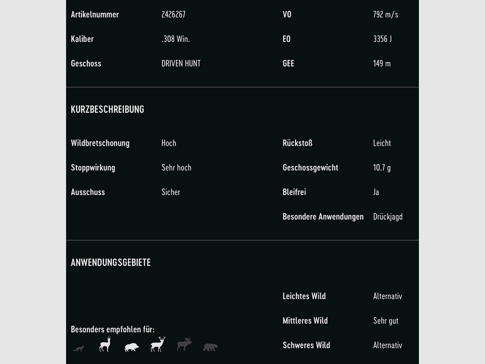 RWS 2426267 .308 Win. Driven Hunt 10,7 165grs. Bleifrei Langwaffenmunition