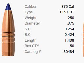 Bala Barnes .375/.375 250GR Tipped TSX Spitzer BT 50 piezas