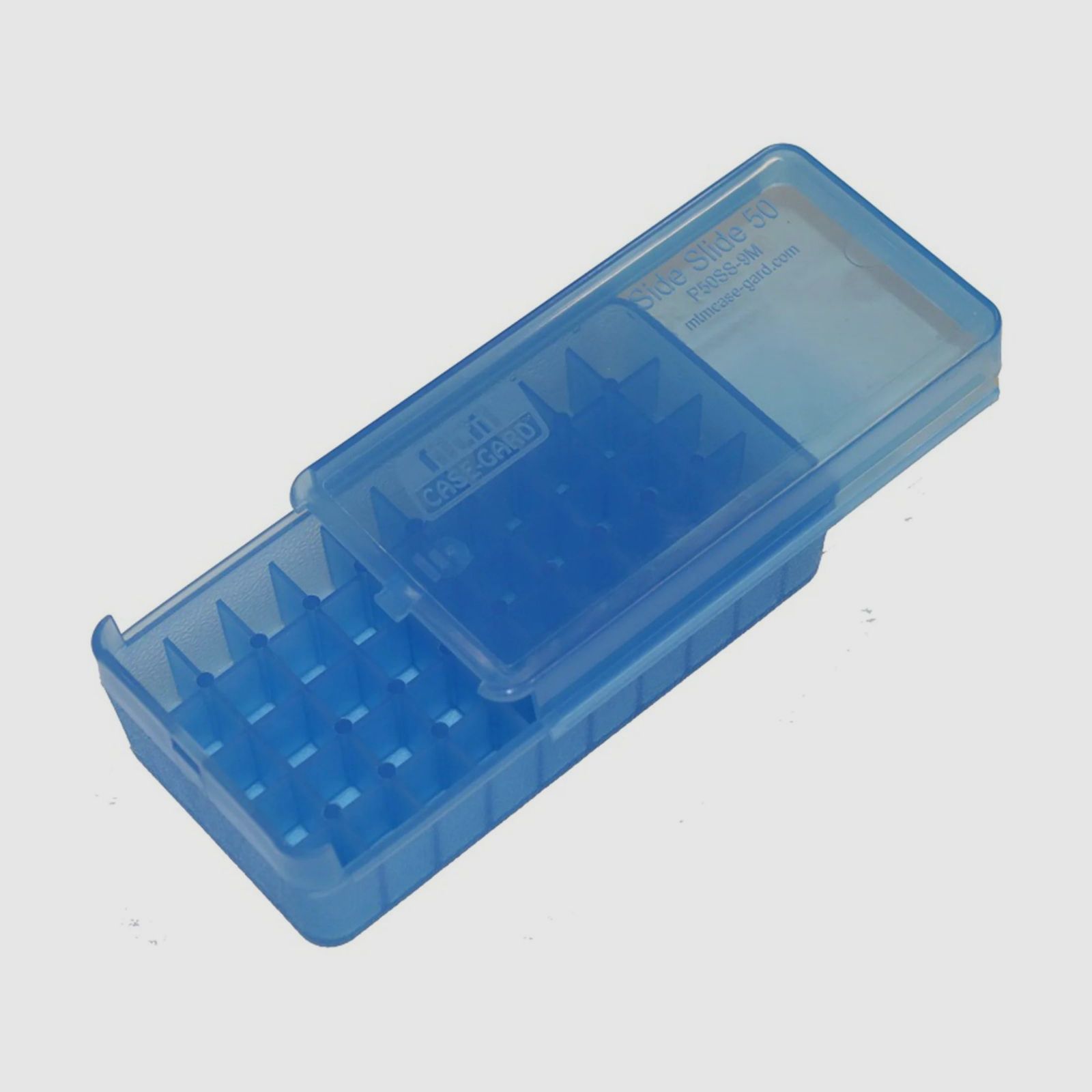 MTM Cartridge Box P50SS-9M-24 Pistol with Sliding Lid Blue Clear for 50 Cartridges 9mm