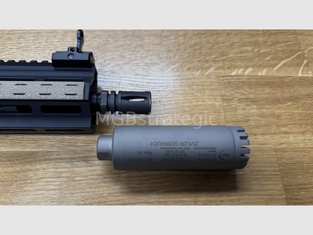 Heckler & Koch MR223 A3 Slim-Line 12.9" barrel - semi-automatic rifle .223Rem color sand / Ral8000 - system HK416 / Geissele MK15 HK416 handguard / muzzle thread now 1/2-28 UNEF / only 3.28 kg / barrel turned down & shortened / "Project Hunter"