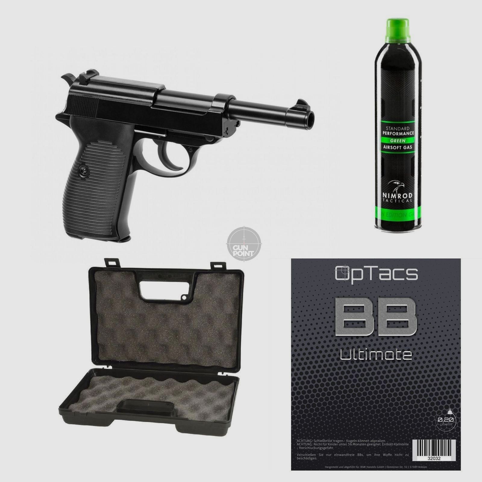 SET !!! Airsoft - Pistool - WE - P38 Full Metal GBB zwart - vanaf 18, meer dan 0,5 Joule