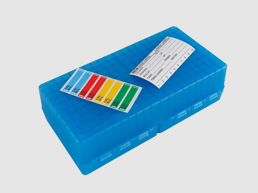 MTM scatola per cartucce RS-200-24 blu trasparente con coperchio a ribalta per 200 cartucce .223 e altre.