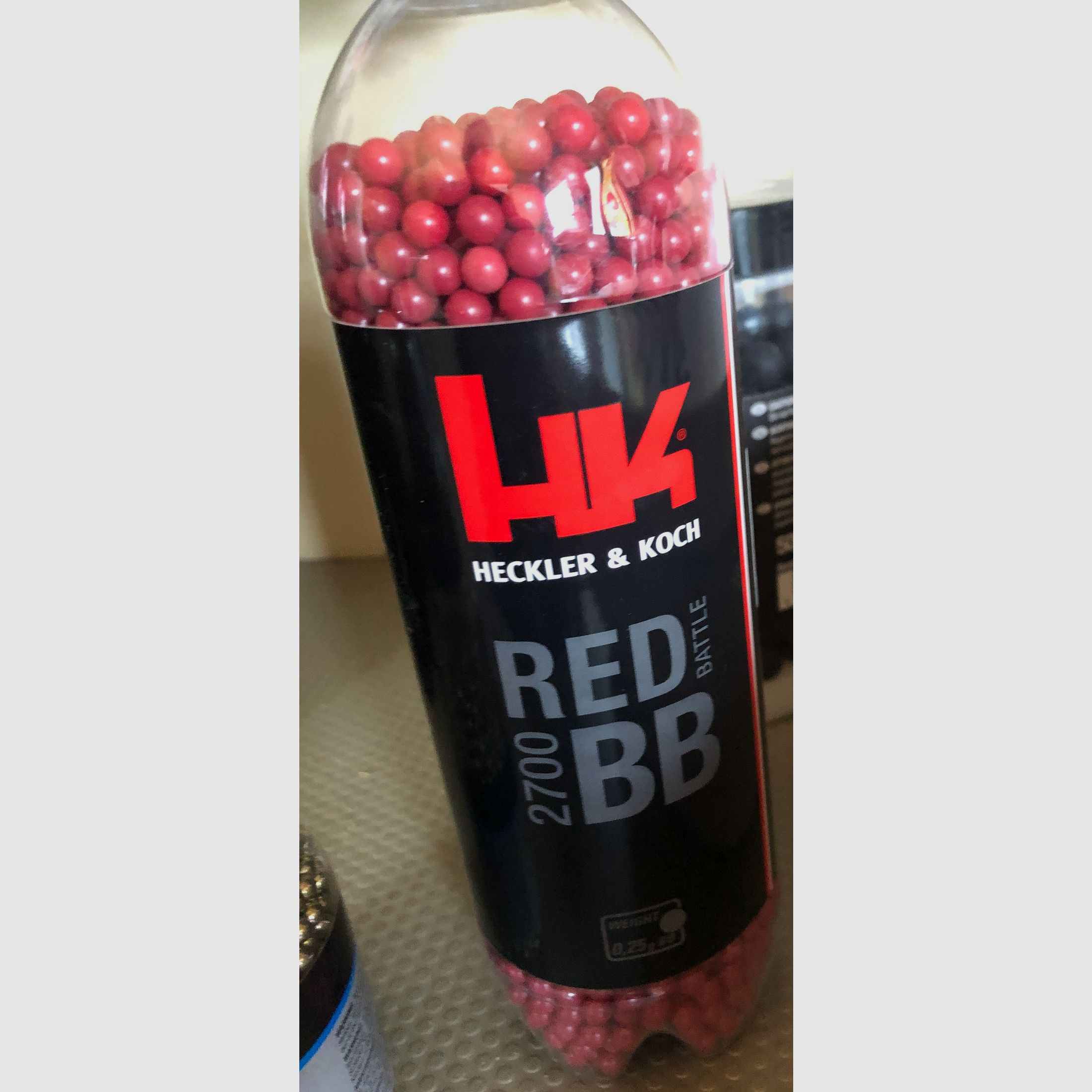 Heckler & Koch, Rote Battle BBs, Flasche, 0, 25 g, geöffnete fast volle Flasche (2700 Stück Inhalt), Softair