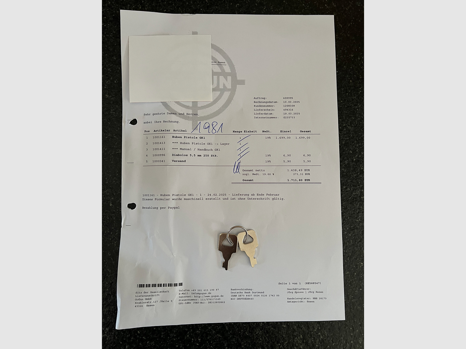 Pistola ad aria compressa Huben GK1 F-Version con kit di esportazione