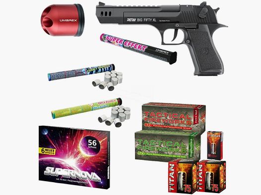 Paquete de fuegos artificiales de Nochevieja Retay Big Fifty XL Pistola de fogueo 9 mm P.A.K...