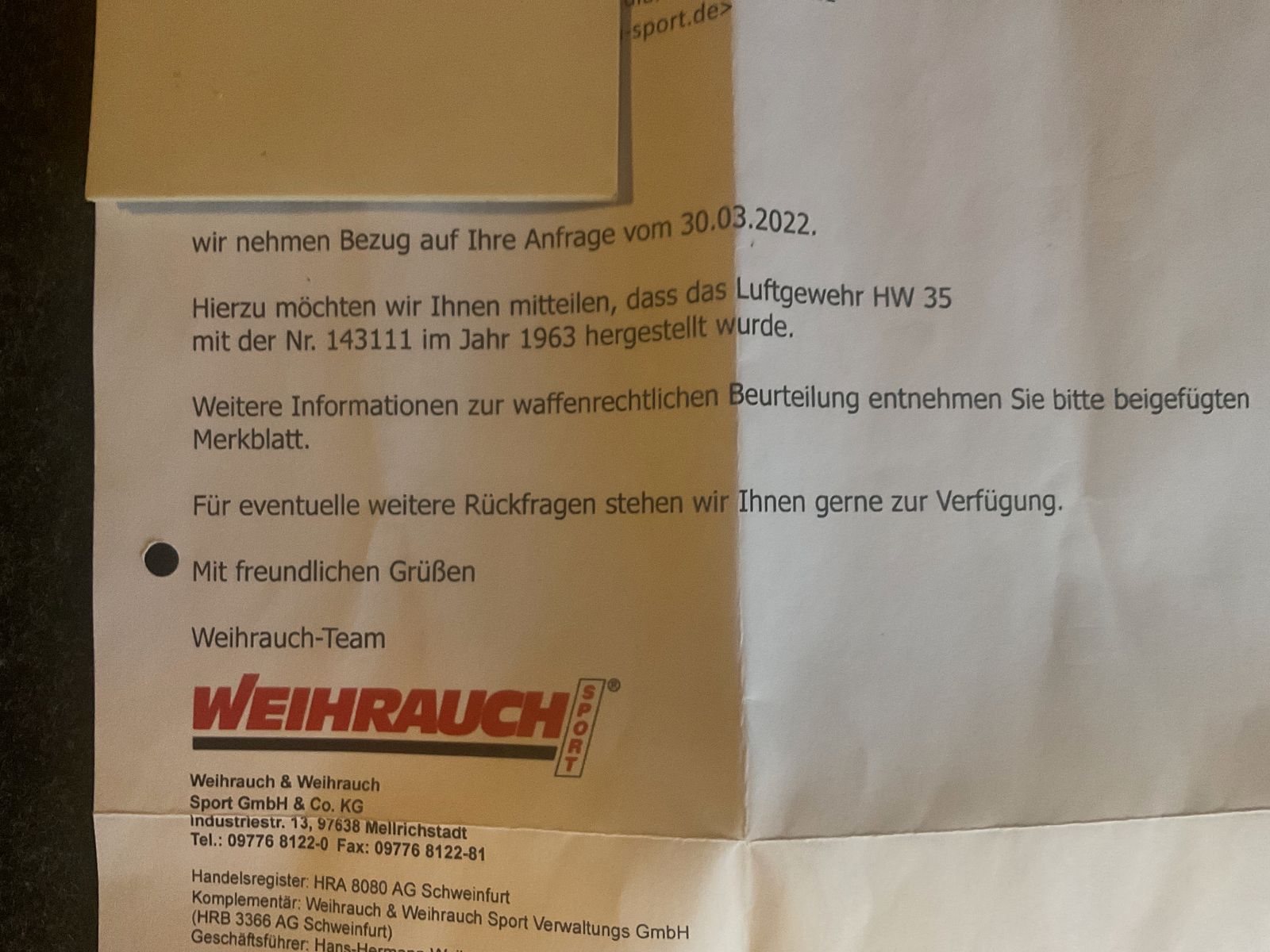 HW 35 ohne F Bj. 1963 mit Bestätigung von Weihrauch