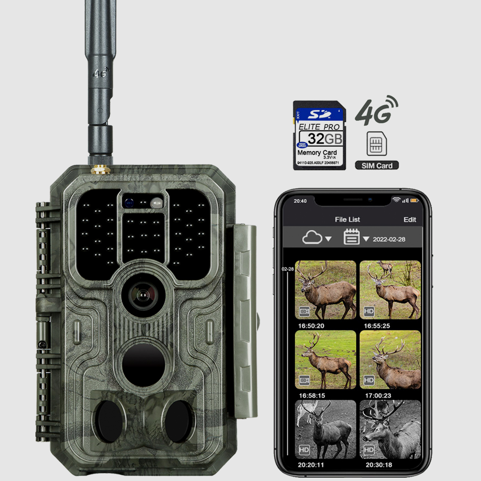 4G LTE Wildkamera Fotofalle Wildtierkamera mit SIM-Karte 120° Bewegungserkennung 48MP 1296P Nachtsicht IP66 wasserdicht und 32GB SD Karte A390G Green