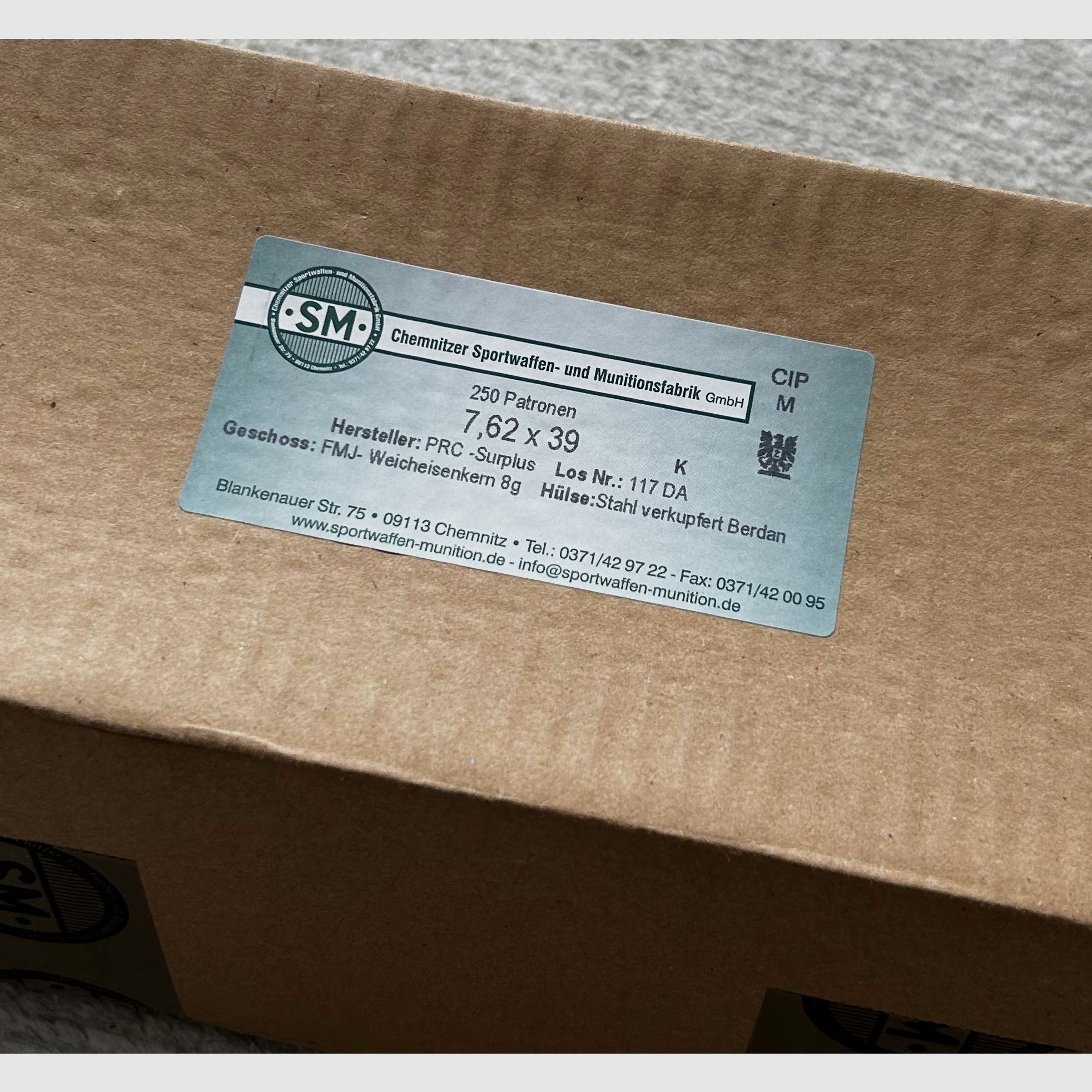 7,62x39 SM FMJ 8,0g 1.000 Stk (19EUR per Pack)