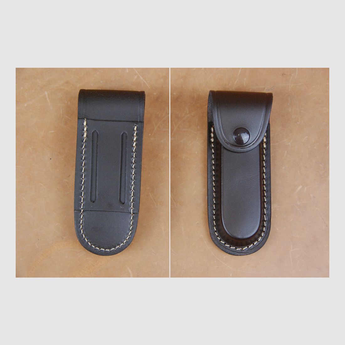 Custodia in pelle marrone, portatile in verticale e orizzontale per coltelli fino a max 13 cm di lunghezza della lama.