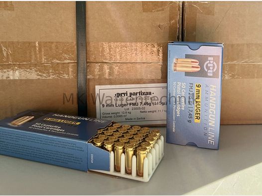PPU - Prvi Partizan Patronenmunition 9mm Luger Vollmantel 7,45g/115grs. 1.000 Stück