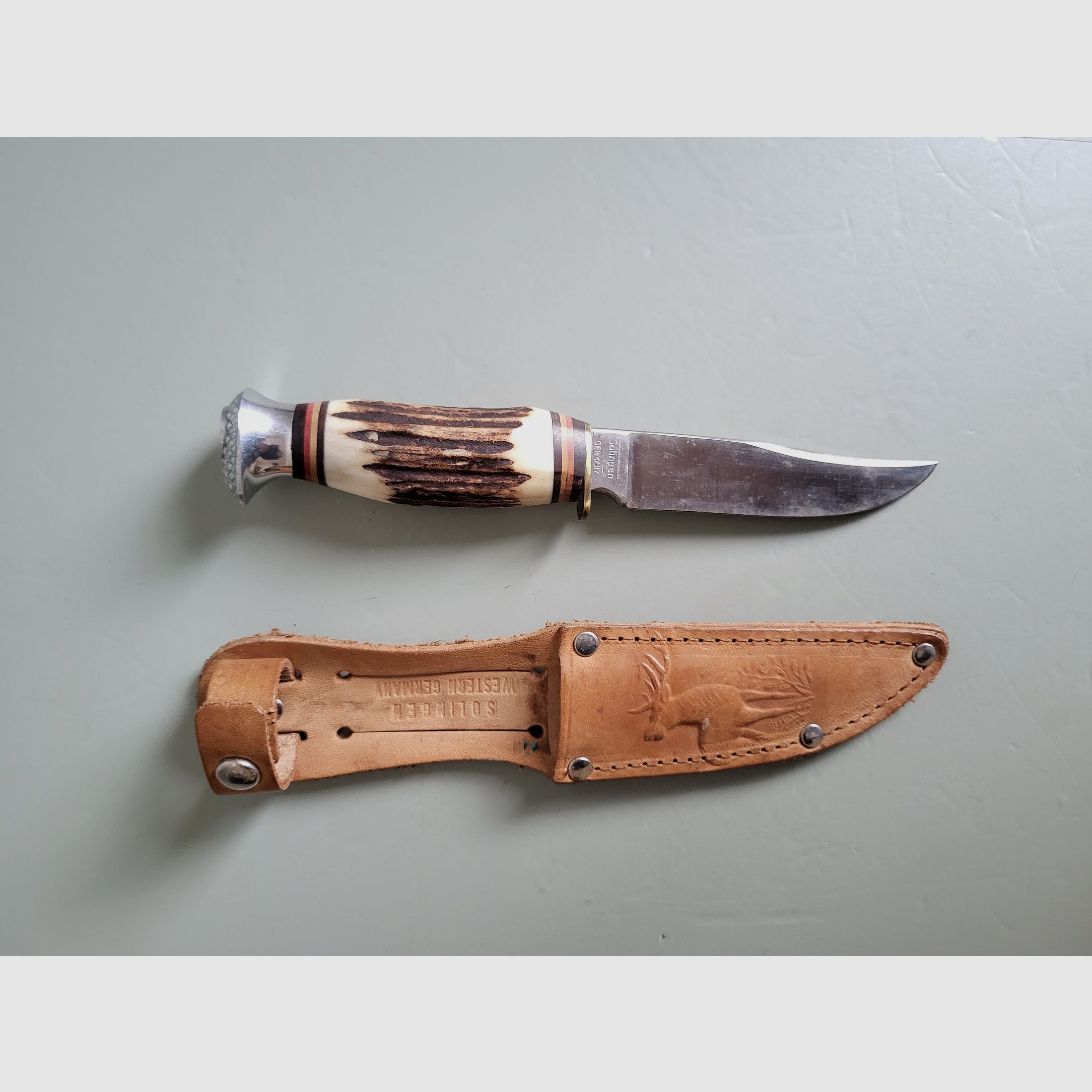 Coltelli da caccia vintage - Solingen - Corno di cervo - Pomolo a forma di uccello - Germania occidentale