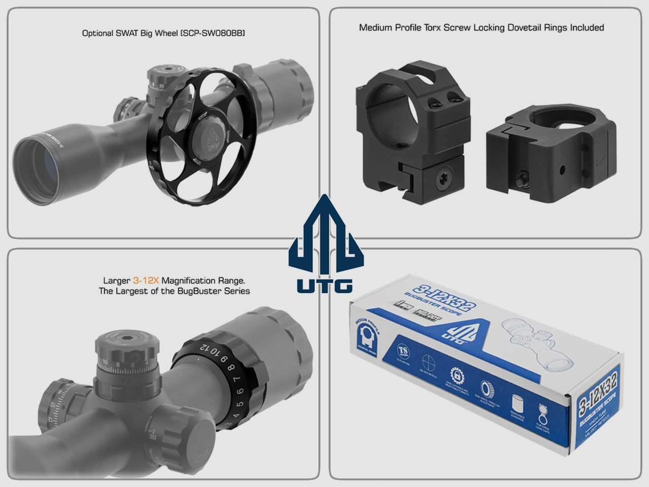 Zielfernrohr UTG Bug Buster 3-12x32 AO, 1 Zoll, Mil-Dot Absehen unbeleuchtet, 11 mm Montage