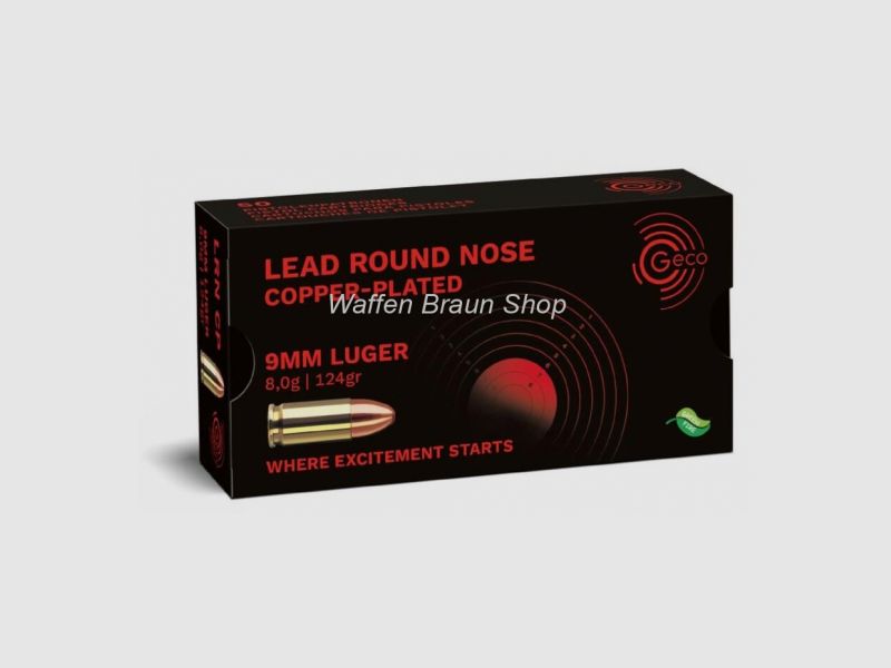 Geco 9mm Luger Blei Rundkopf verkupftert 8,0g 124 grain 50 Stück