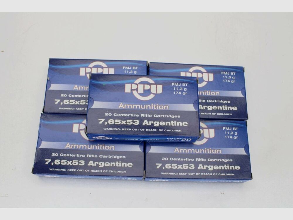 100 Schuß PPU 7,65x53 Argentine mit FMJ BT 11,3g / 174gr. 5x20er Pack