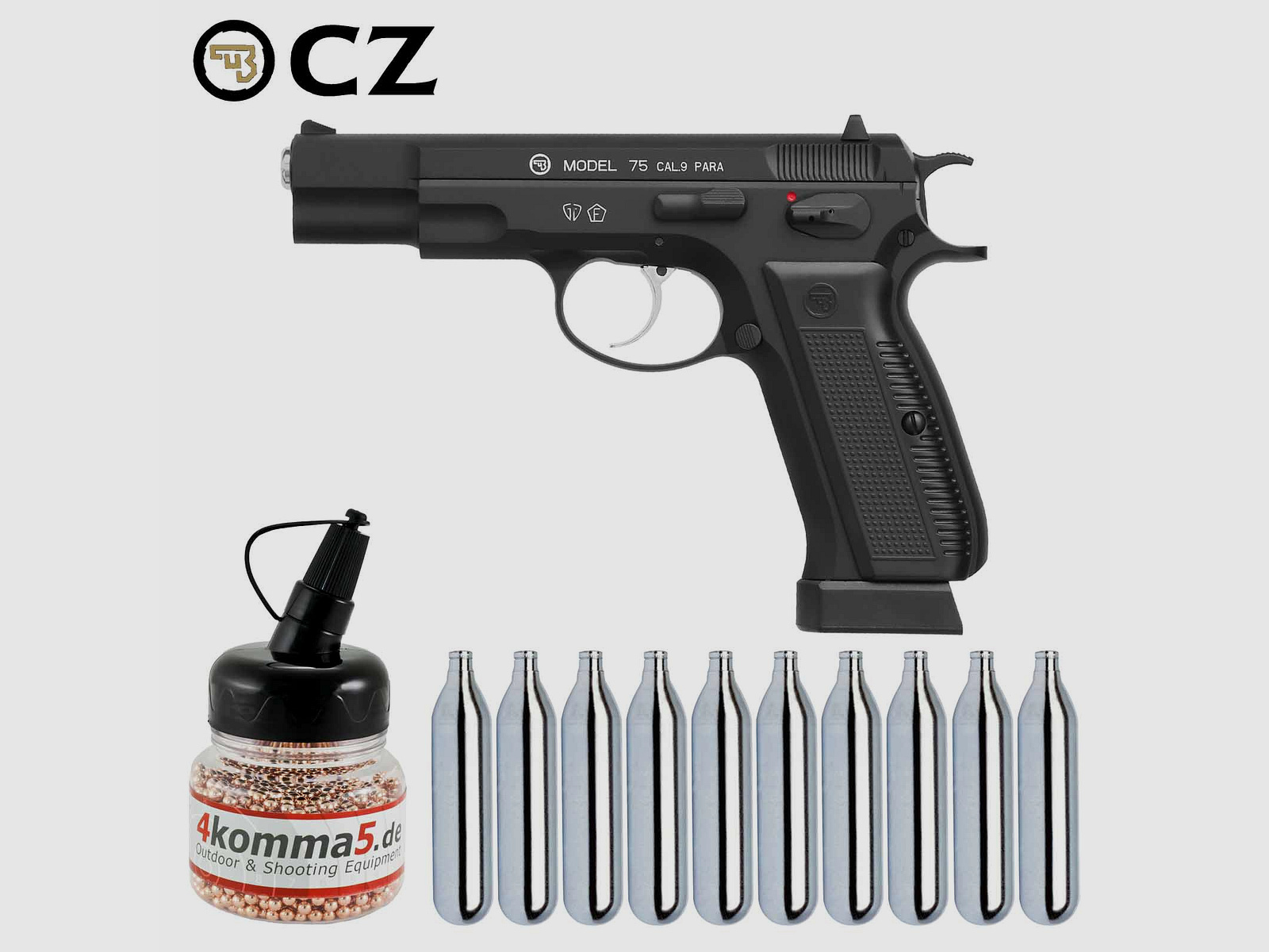 Luftpistolenset CZ 75 4,5 mm Stahl BB Co2-Pistole Vollmetall Blow Back (P18) + 10 Co2-Kapseln + 1500 Stahl-BB's 4komma5