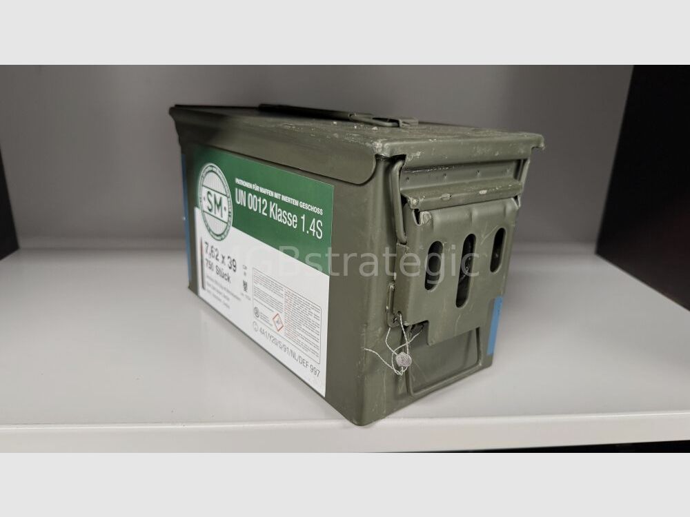 7.62 x 39 Surplus Cartridges - BXM-SM Manufacturer BXN Country of Origin Czech Republic, lacquered steel case Berdan, bullet 8.0 gr. soft core, packed in 750 cartridges in M2A1 ammunition box with CIP
