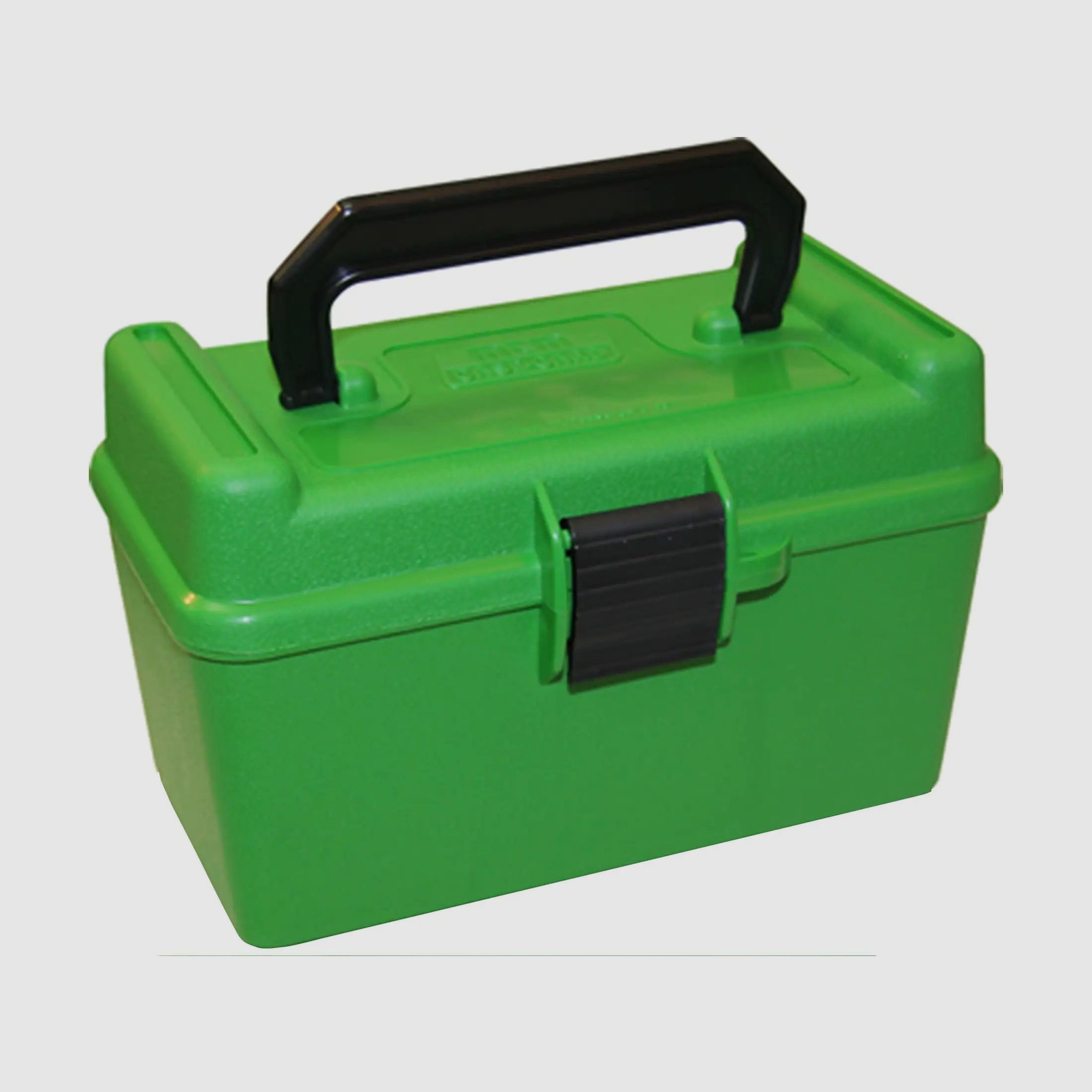 MTM Deluxe cartridge box H50-XL-10 green with flip lid and carrying handle for 50 cartridges 7mm and below.