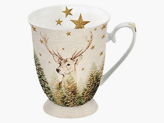 Lovergreen Kunst des Tisches Motiv Set mit 2 Tassen mit Hirschportrait + goldene Sterne