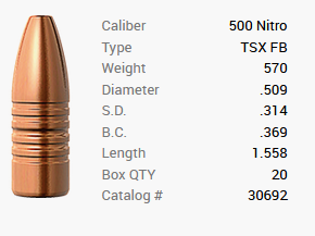 Barnes bullet .500 Nitro/.509 570GR TSX HP FB 20 pieces