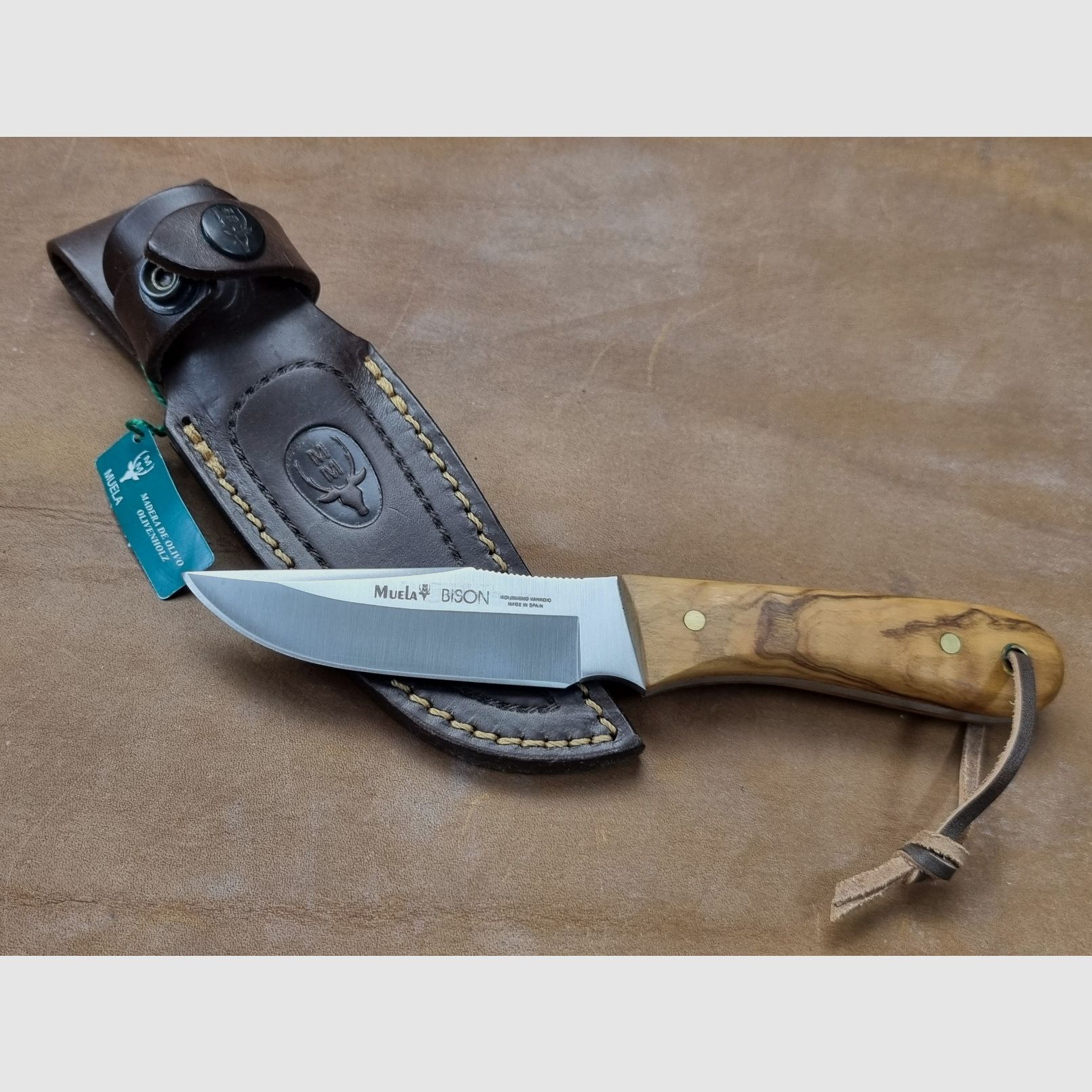 Muela small hunting knife Bison Olive with high-quality leather sheath