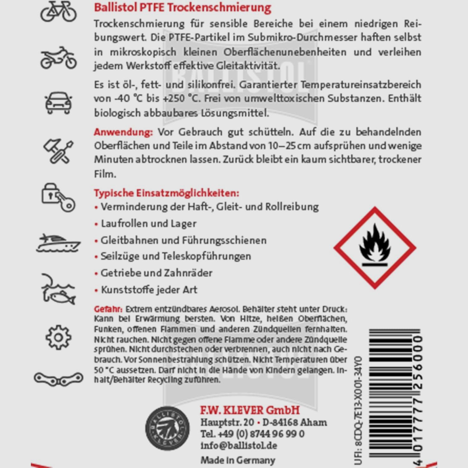 Ballistol PTFE Droog Smeermiddel Spray – Teflon™ Droogsmering voor Metaal en Kunststof (200 ml), afbeelding 2 van 2