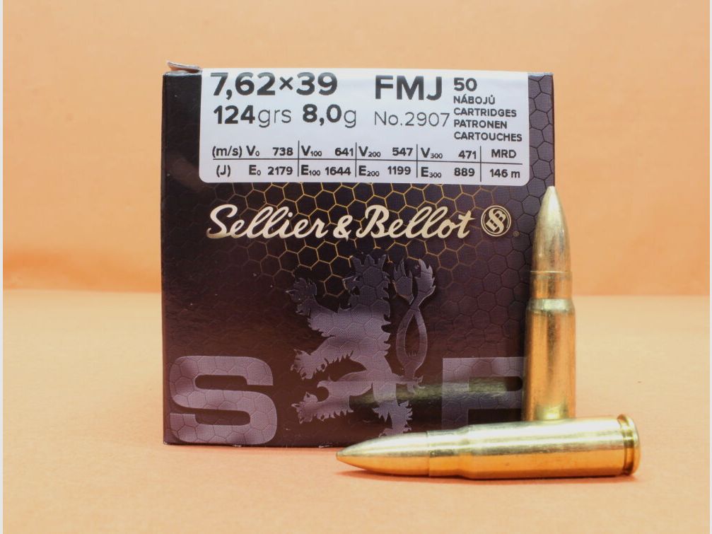 Sellier & Bellot Cartuccia 7,62x39 S&B/ Sellier & Bellot 123grs FMJ (2907) VE 50 cartucce/ 8,0g palla interamente rivestita