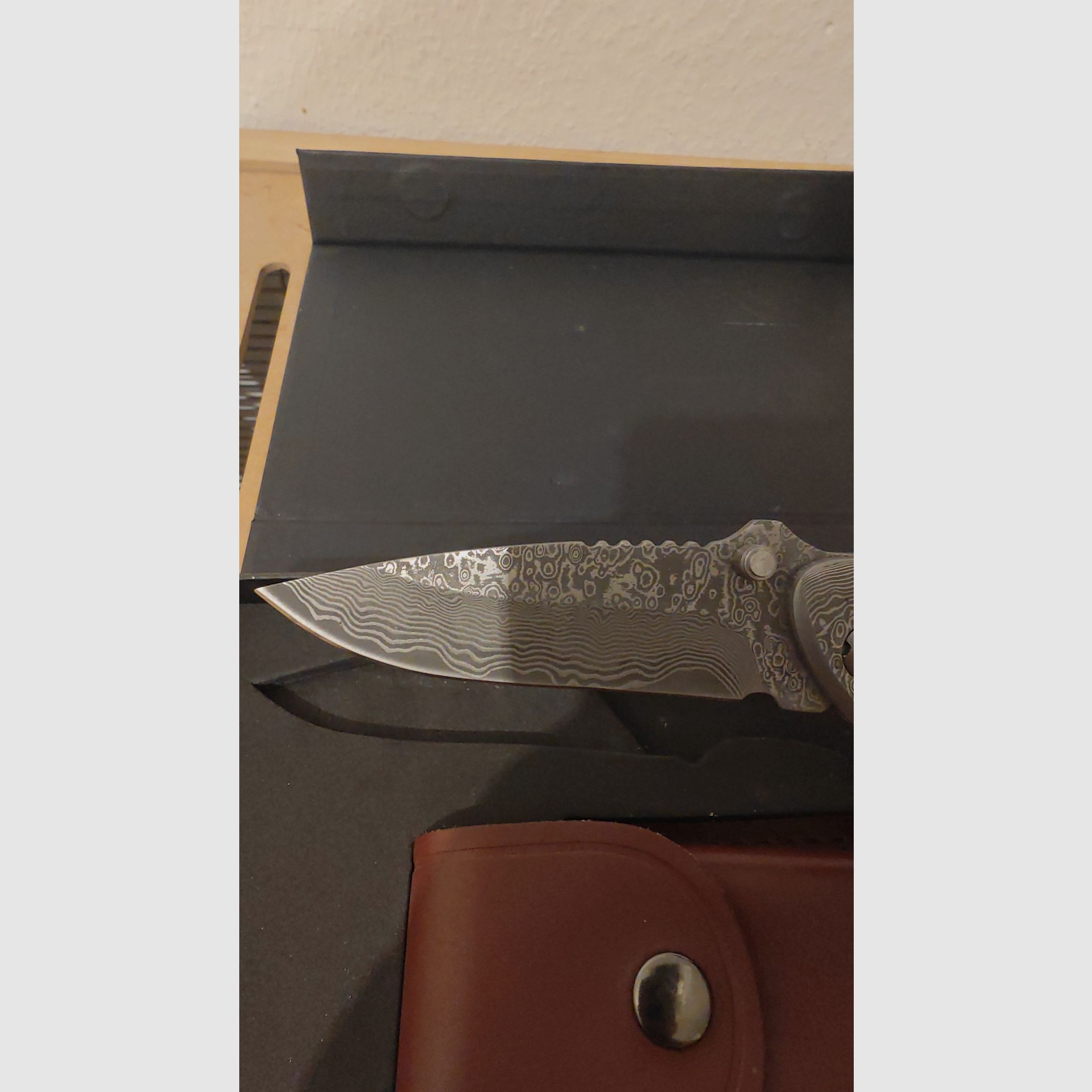 Damastmesser, klappbar, Holzgriff, Lederscheide, Bild 5 von 5